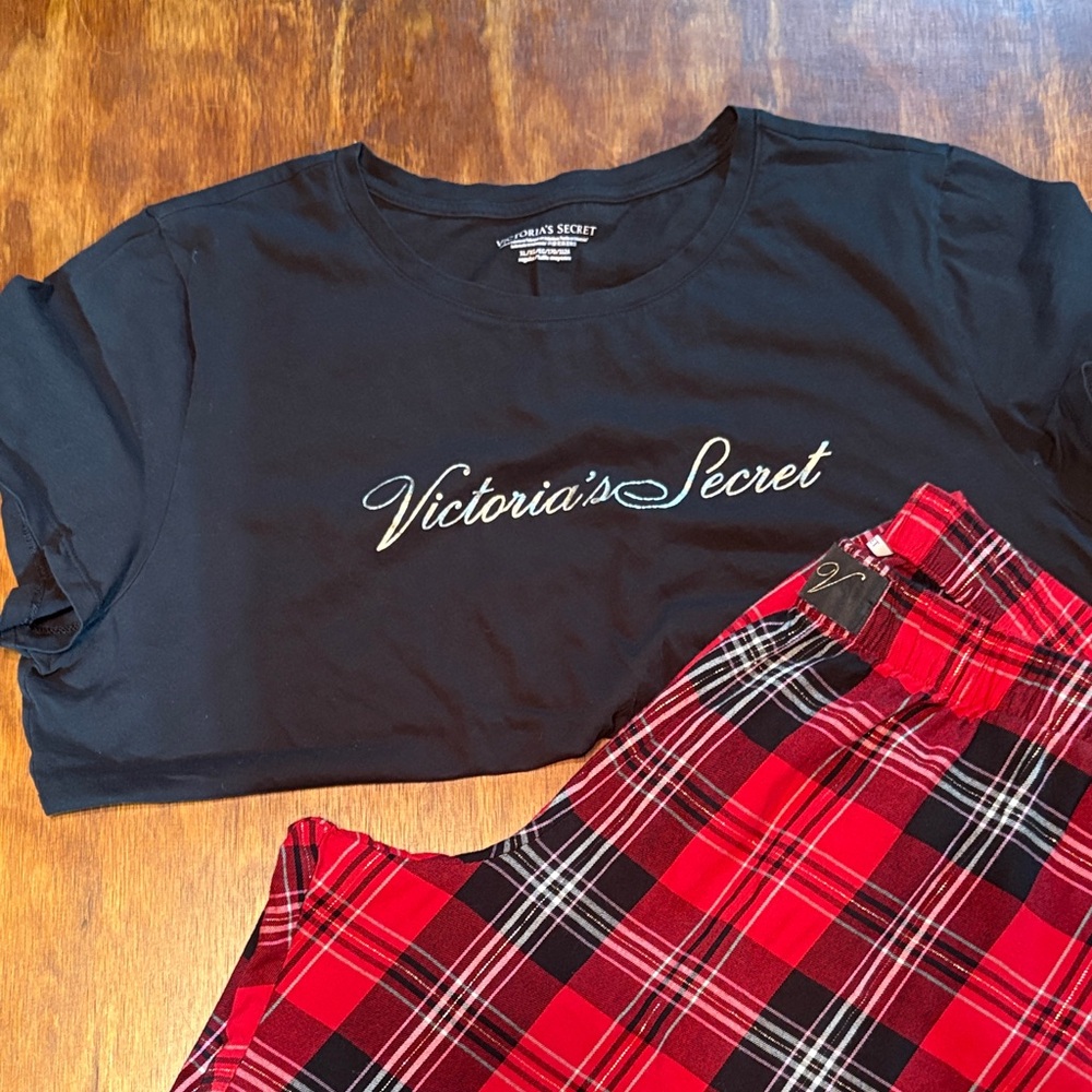 Victoria's Secret Black Tee and Red Plaid Pajama Set